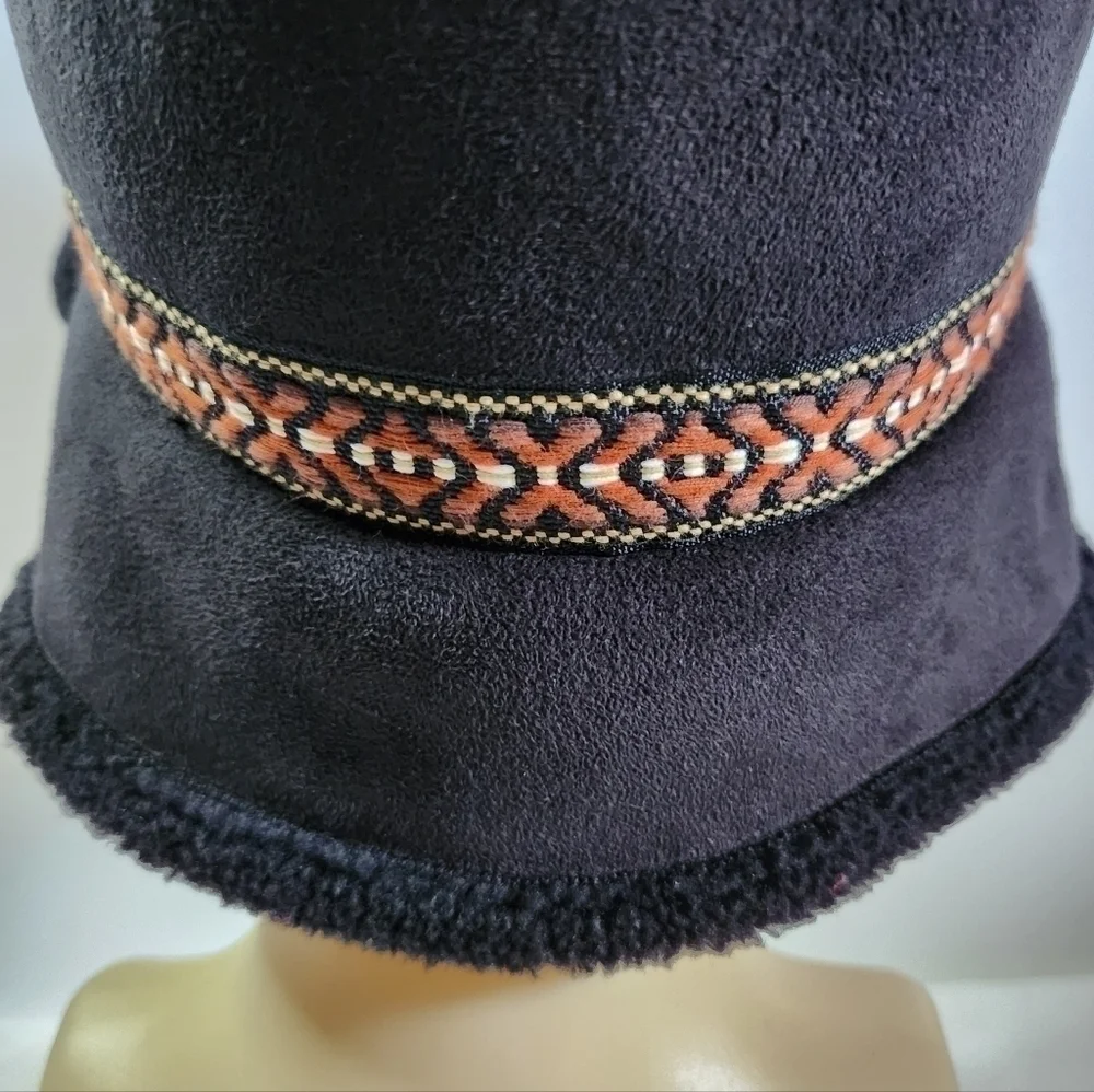 NINE & Company Black Faux Suede Faux Fur Tribal Native Aztec Bucket Hat